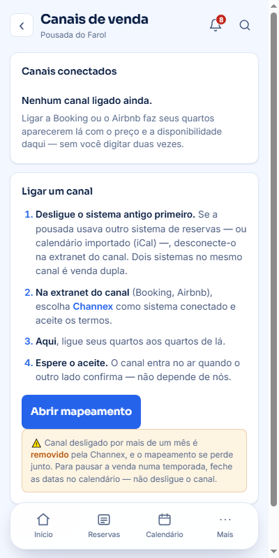 Tela de canais de venda do Pousa, com o passo a passo para ligar a Booking ou o Airbnb.