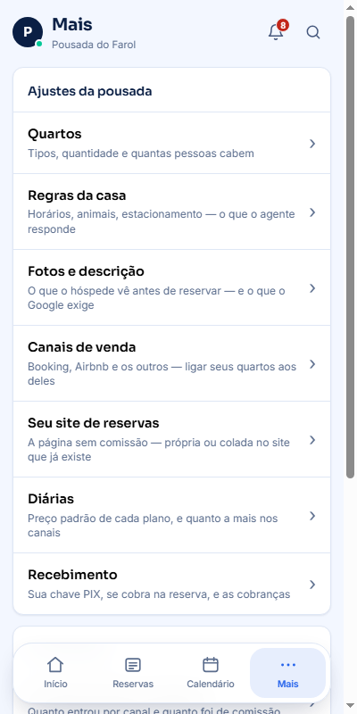 Menu do Pousa com as áreas do sistema: fotos e descrição, canais de venda, site de reservas, diárias e recebimento.